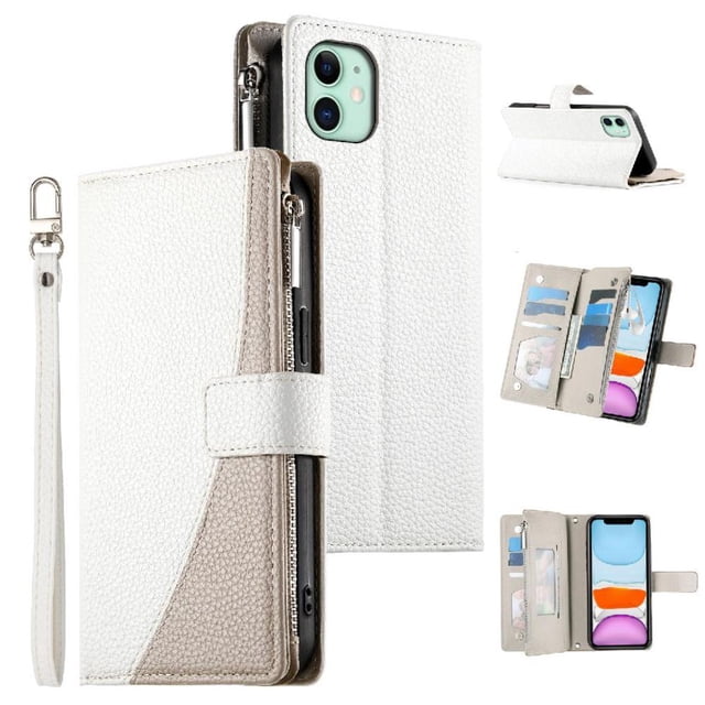 Funda cartera GANGXUN para iPhone 11 , cuero PU con tarjetero, cremallera, correa de mano, soporte y protección 537°