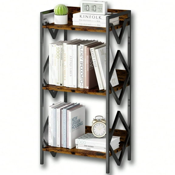 3-Tier Slim Bookshelf for Small Spaces | Metal & Wood Storage Shelf | Rustic Black, 11.8" Deep | Fits Bedroom/Office