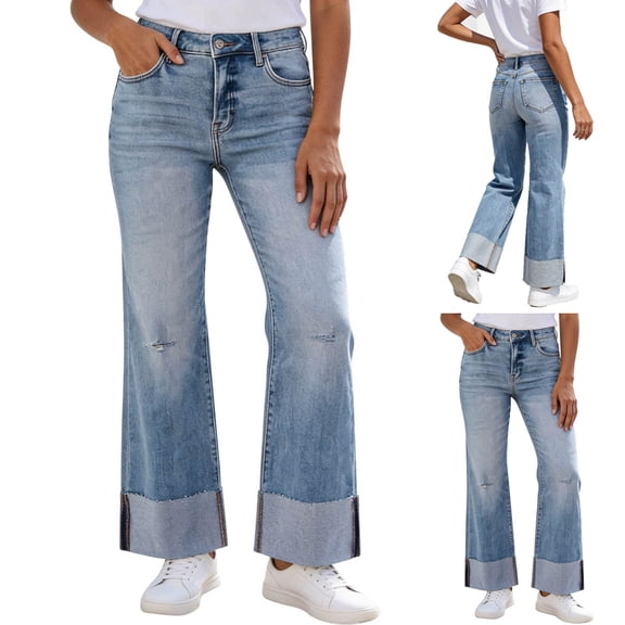 Zulora Women High Waisted Wide Leg Jeans Vintage Washed Casual Straight Pants with Cuffed Hem