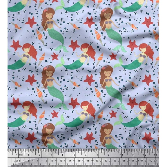 Soimoi Viscose Chiffon Fabric Mermaid & Starfish Ocean Decor Fabric Printed Yard 42 Inch Wide