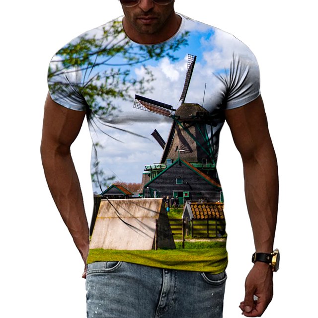 t-shirts Graphiques Moulin à Vent d'Été 3D Mode Hommes Goût Décontracté t-shirts Imprimés Style Hip Hop Personnalité Rue Col Rond Hauts