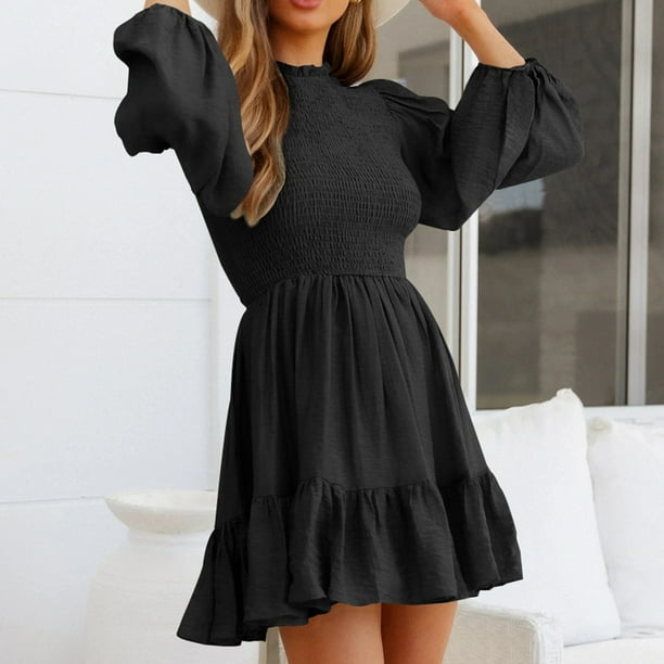 Vestido de manga de linterna,Vestido de cintura elástica con cuello de encaje redondo para mujer Vestido de cuello de encaje Durabilidad extendida
