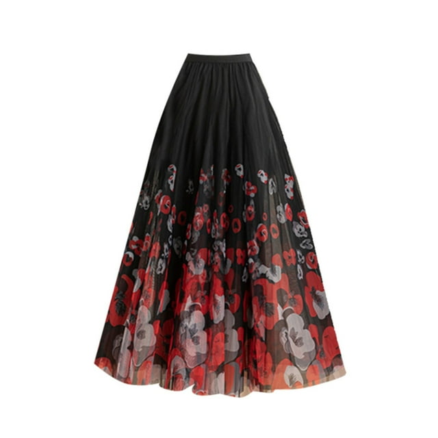 Aayomet Plus Size Skirts for Women Elastic High Waist Pattern Three Layer Mesh Large Swing Skirt (Red, S)