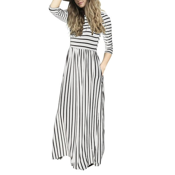 Maxi Plisados de Manga Larga a Rayas Manga 3/4 Mujer Casual - XL se describe Blanco XL BLESIY vestido maxi a rayas