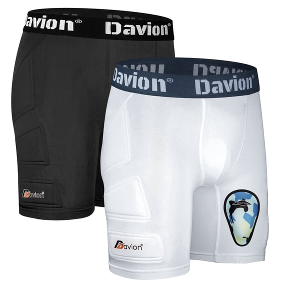 Davion Youth 2-Pack Sliding Shorts with Cup (Black & White L), Boys Compression Shorts with 6 Pads for Baseball & Softball