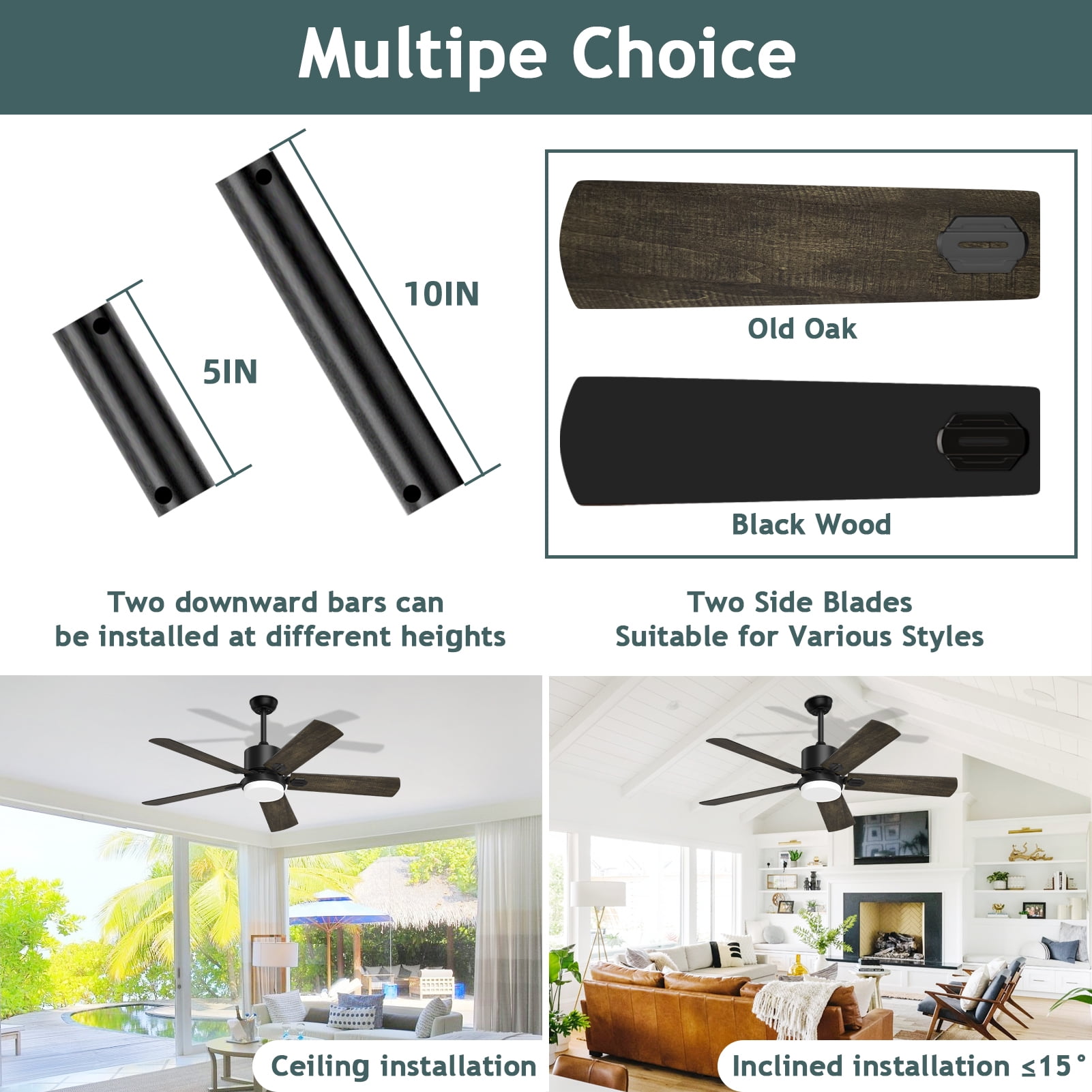 XAUJIX Ceiling Fan with Light and Remote Control, Modern Flush Mount Ceiling Fan 52 '' 6-Speed Reversible DC Motor 5 Wood Fan Blades Retro Pine/Black