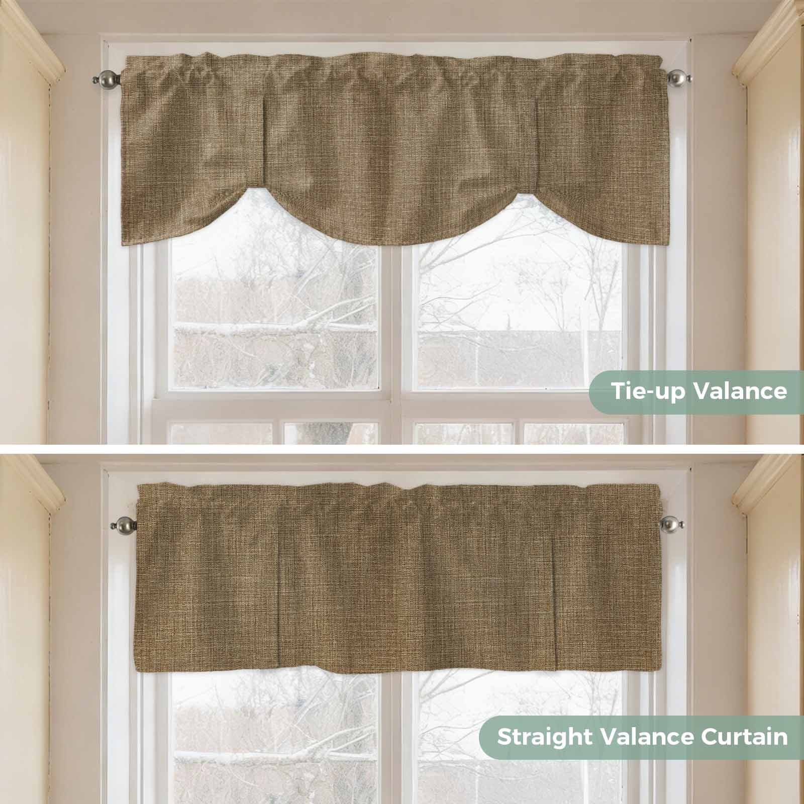 Tie Up Valances for Windows, Vintage Brown Adjustable Valance Curtains Window Treatment for Living Room, Farmhouse Retro Dark Solid Color Linen Texture Rod Pocket Kitchen Curtains 42x12 Inch