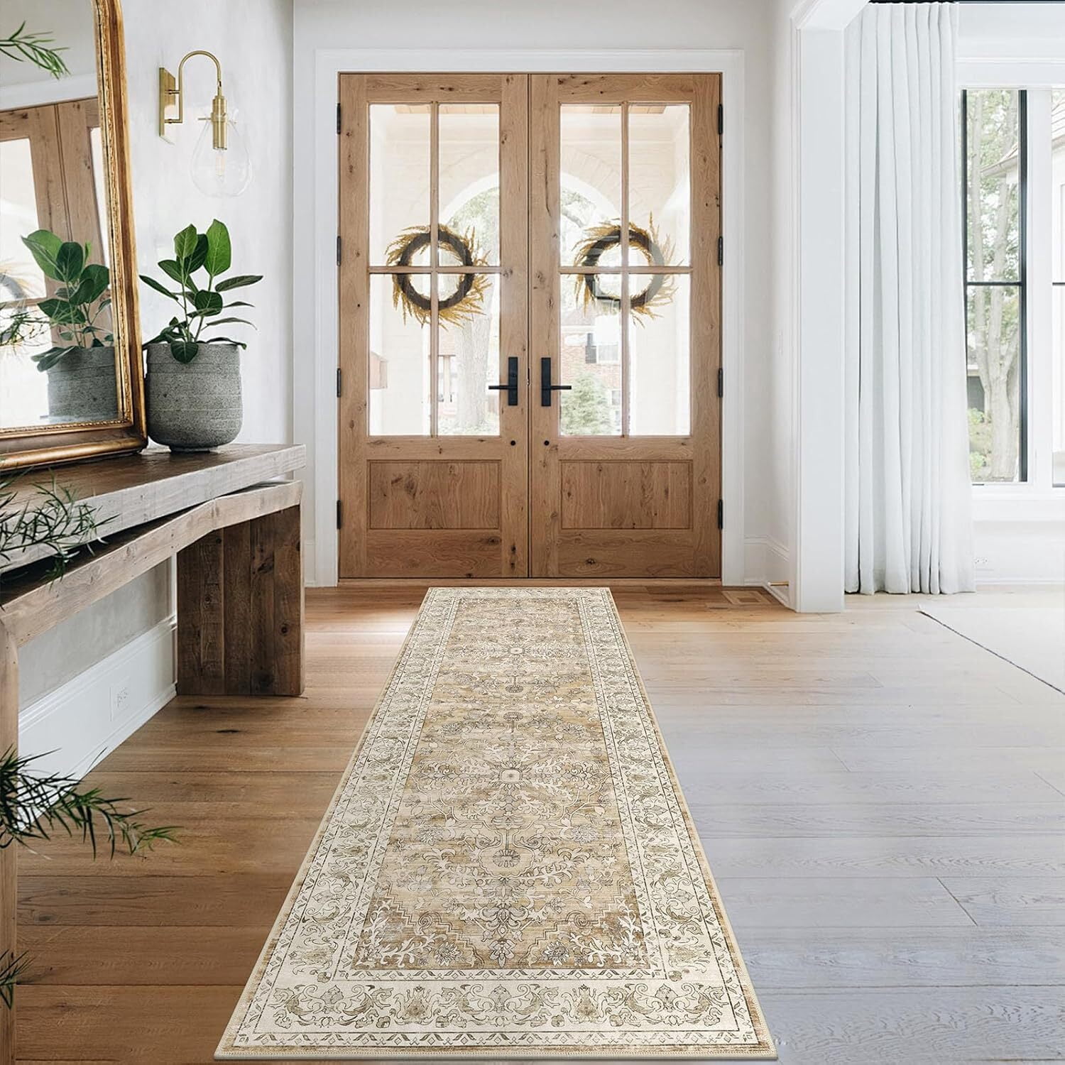 Findosom 2'x6' Vintage Boho Runner Rug Washable Non-slip Area Rug,Hallway Indoor Farmhouse Bedroom Kitchen Living Room Non Shedding Runner, Contemporary Low Plie Floor Carpet Doormat,Brown