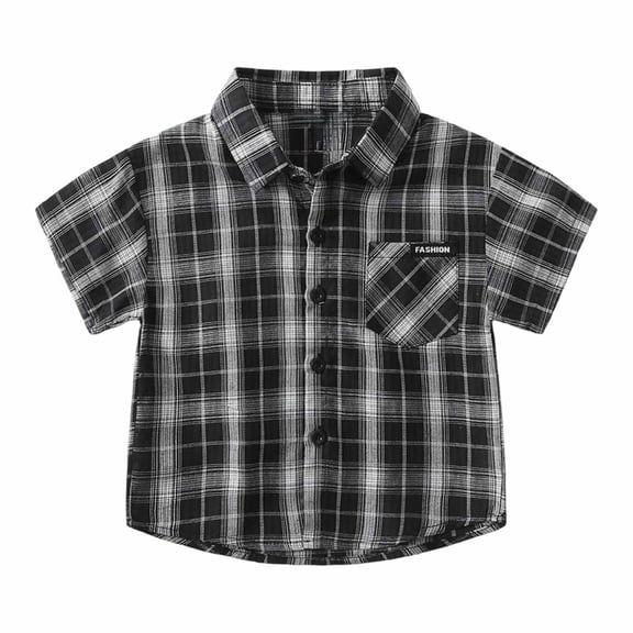 FINALGANG Boys Kids Plaid Button Down Shirt With Spread Collar Short Sleeve Labeled Bust Pocket Casual Fit Top For Kids Daily Wear School Activities Casual Outings Classic Top