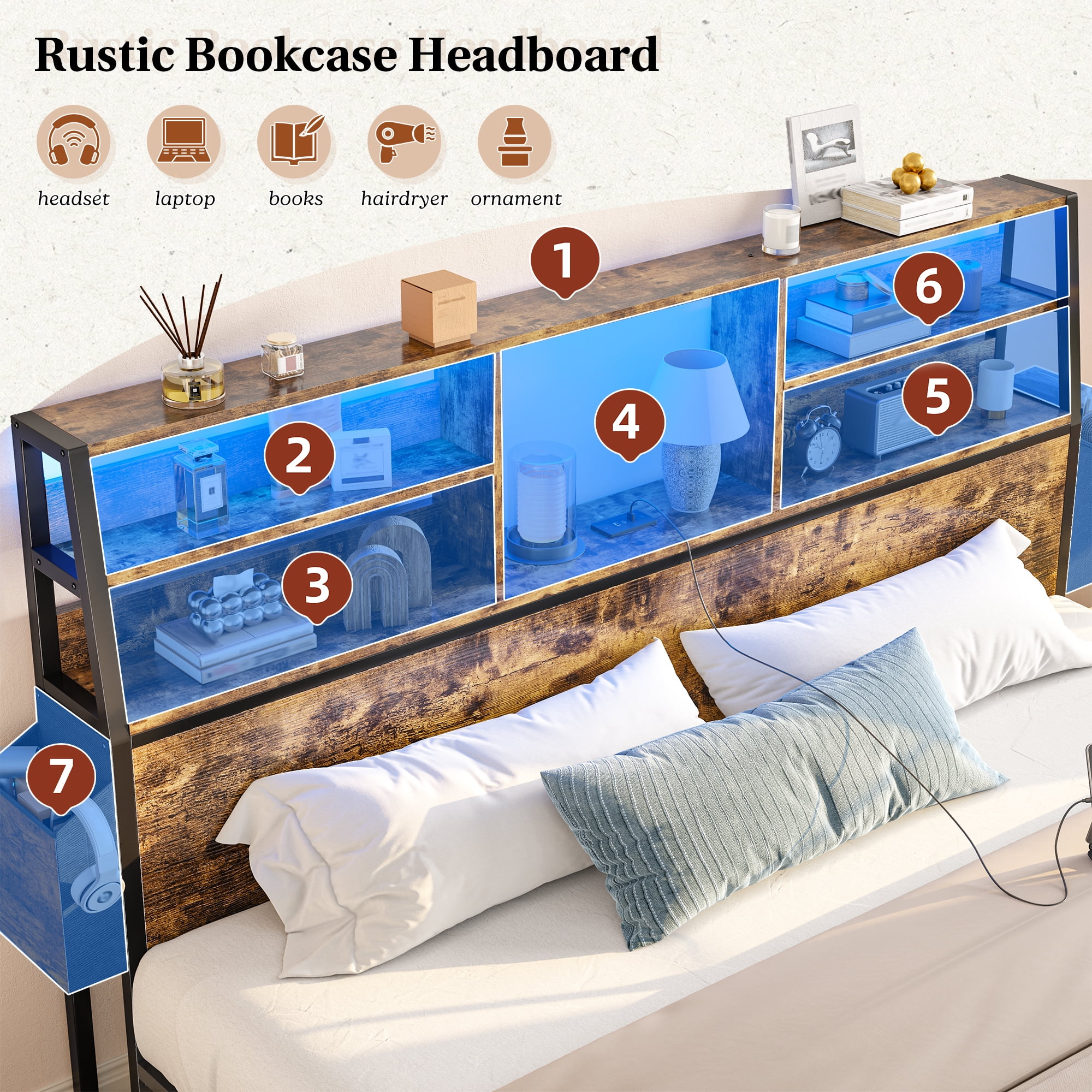 EnHomee Metal Bed Frame with 3-Tier Storage Headboard King Size Metal Bed Frame with 2 Underbed Drawers & 2 Bedside Fabric Drawers & LED Lights & Charge Station,Rustic Brown