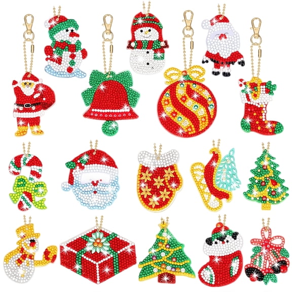 15-Pack 5D Diamond Painting Keychain Kit with Rhinestones, Christmas Ornaments, Holiday Bag Charms for Student and Adults, Diy Craft Set