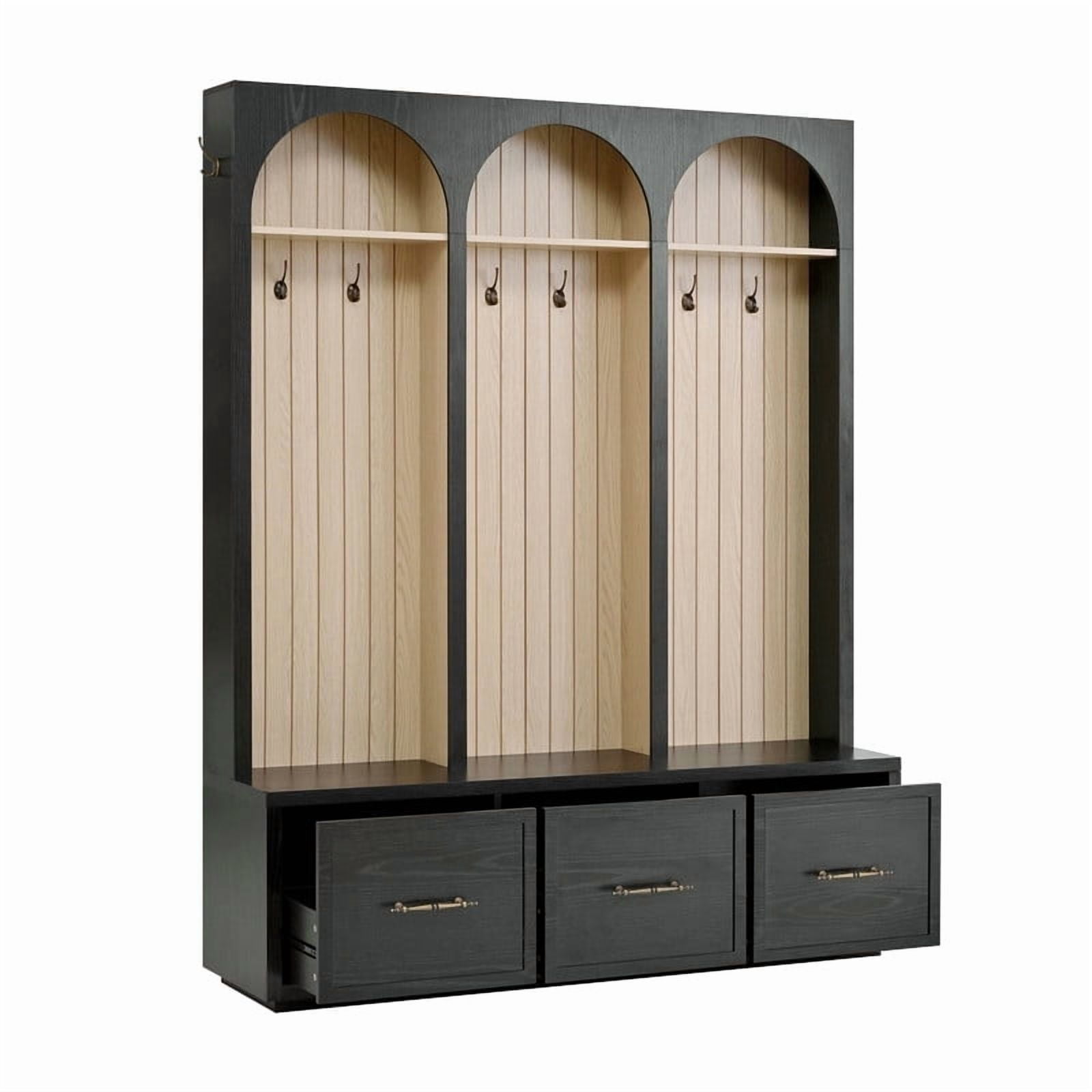 Farmhouse Arched Design Hall Tree with Retro Hooks, Entryway Seating Bench with 3 Storage Drawers, Elegant Coat Rack for Living Room