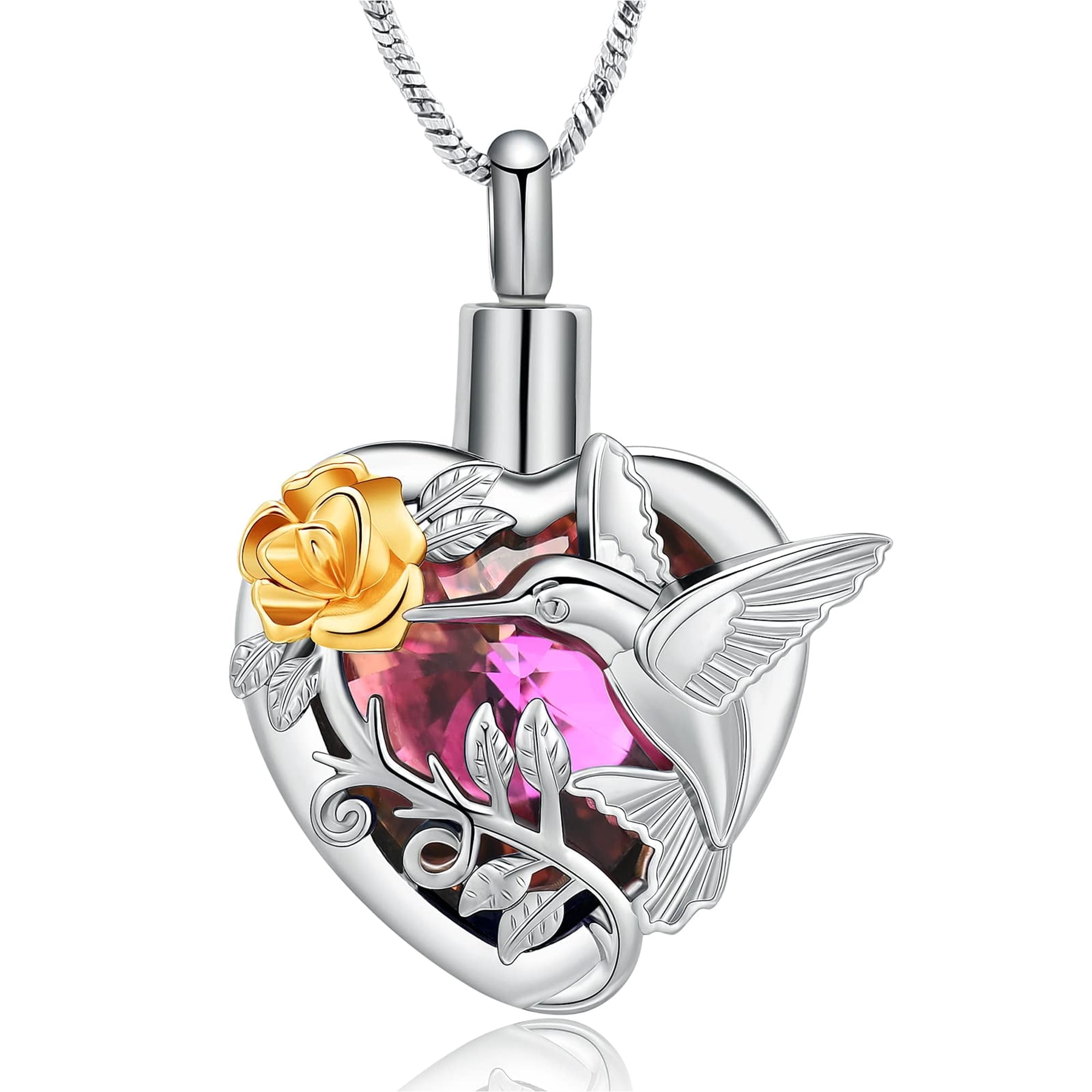 Hummingbird Cremation Urn Necklace for Ashes with Simulated Birthstone Heart Urn Jewelry Human / Pet Keepsake Memorial Locket for Women Mom Mother Sister Family