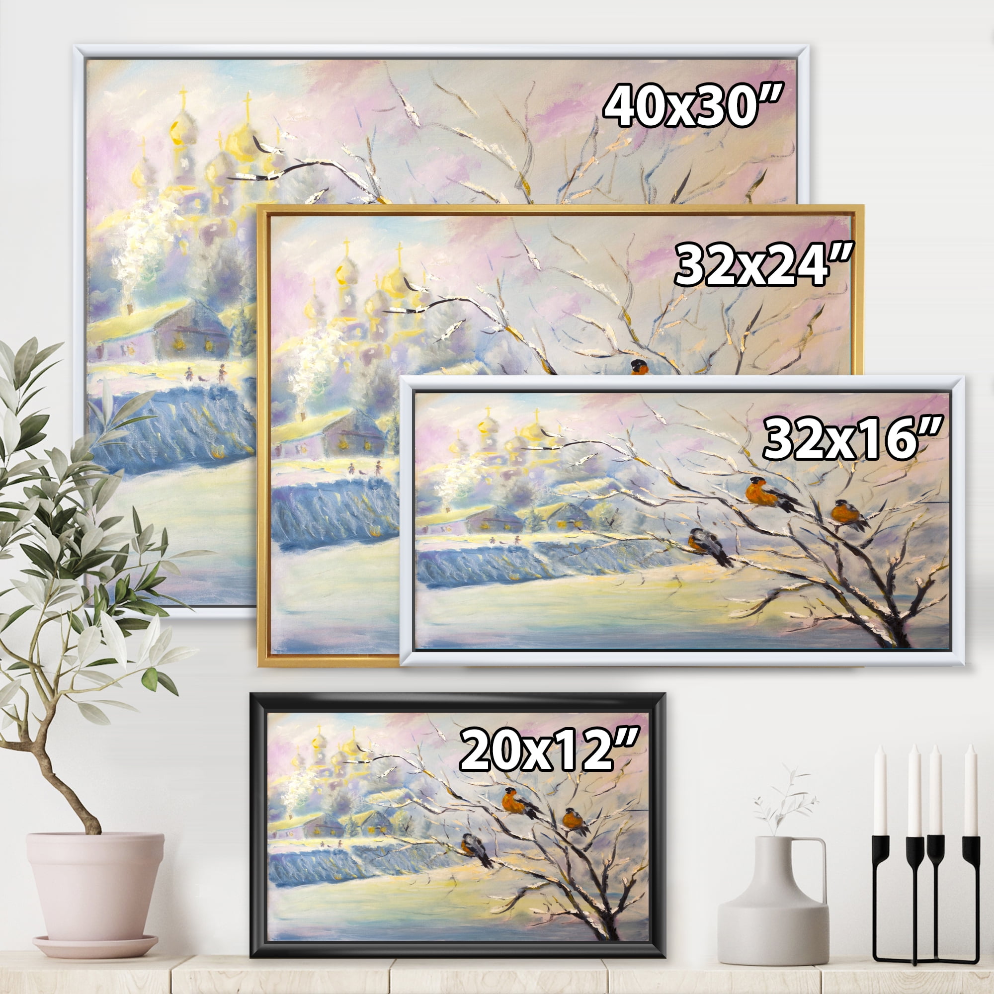 Designart 'Rustic Birds Sitting On A Tree In Winter Village' Farmhouse Framed Canvas Wall Art Print