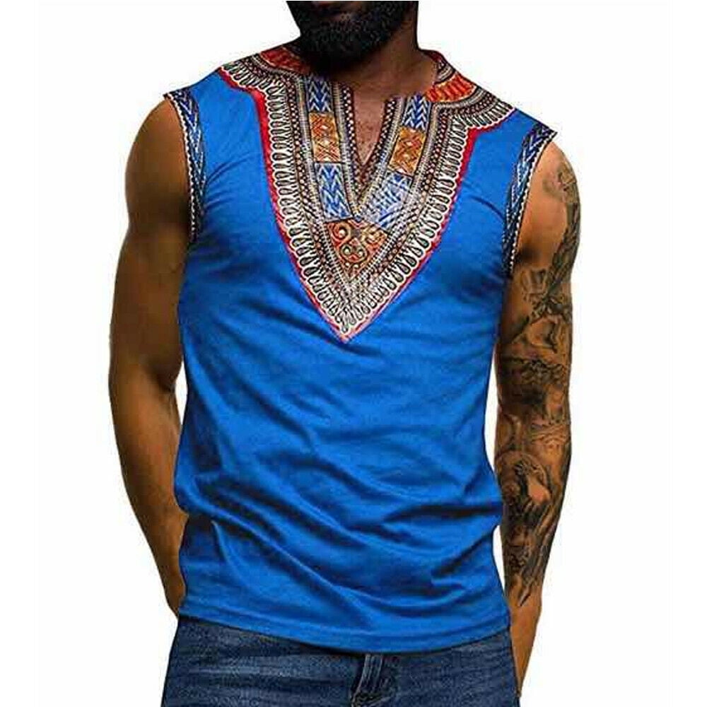 Men African Dashiki Print T-Shirt Tribal Black Tee Succinct Hippie Tops Blouse 
