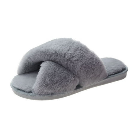 

Vokewalm Women Plush Slippers Slip Protection Cross Straps Fuzzy Slippers