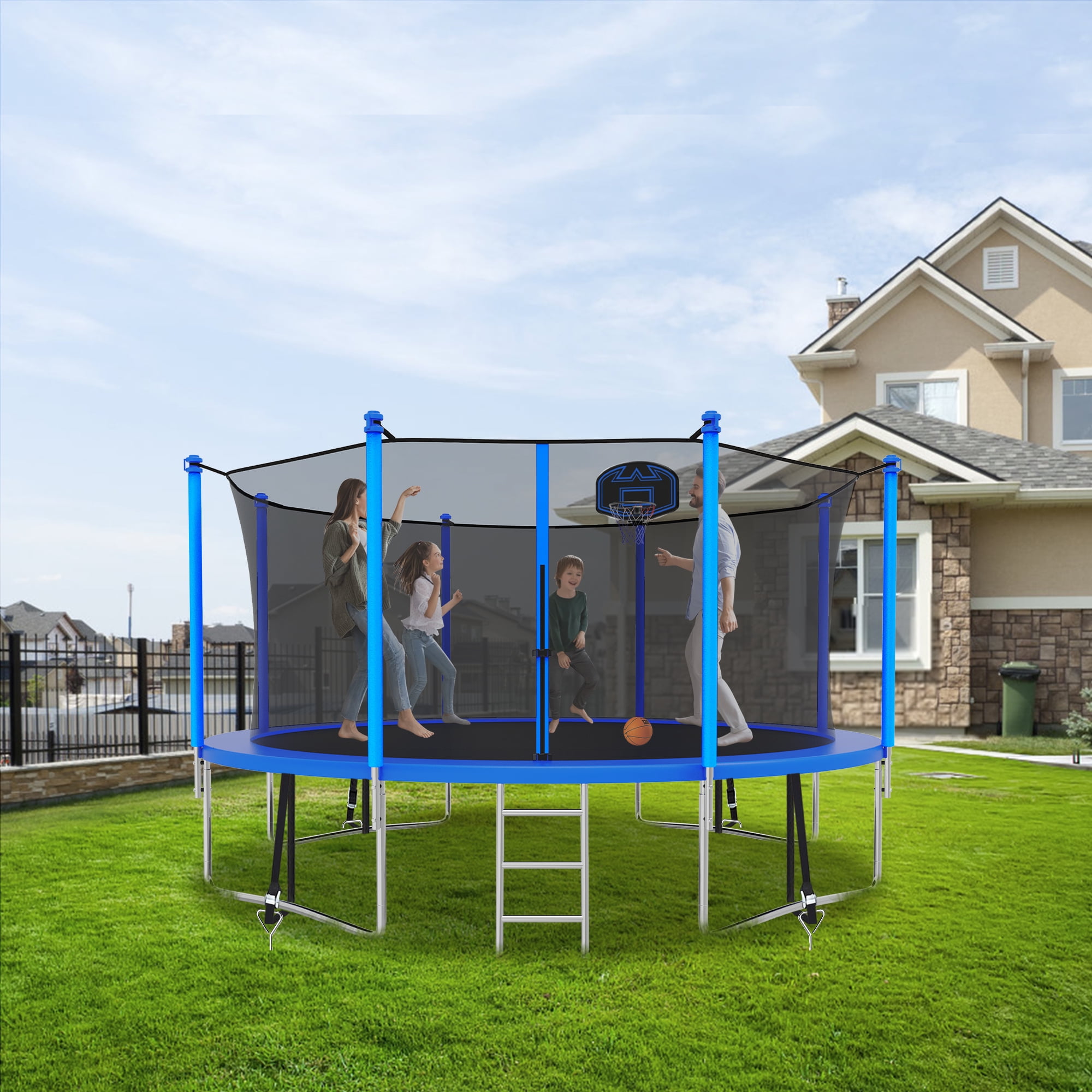 CITYLE Trampoline 12FT Trampoline for Kids and Adults, Outdoor Trampoline with Lights, Trampoline with Enclosure, Basketball Hoop, Wind Stakes, Ladder, Weather Resistant, Easy Assembly, Last Long