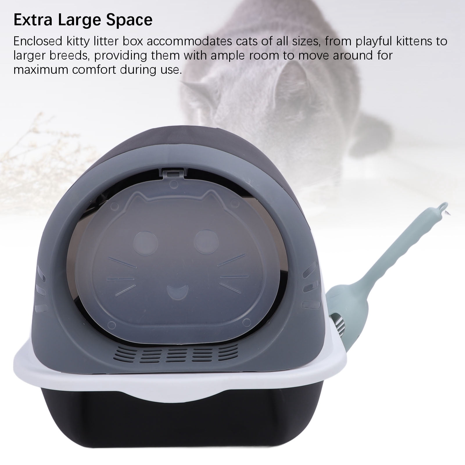 LAZIOEGR Enclosed Plastic Litter Box Extra Large Odor Resistant Easy Cleaning Covered Kitty Litter Box with Scoop for Indoor Cats, Black (20.87 inches / 53 cm)