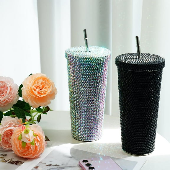 Ruifaya 750ml Straw Cup w/Lid Reusable Rhinestone Stainless Double Steel Layer E6T~