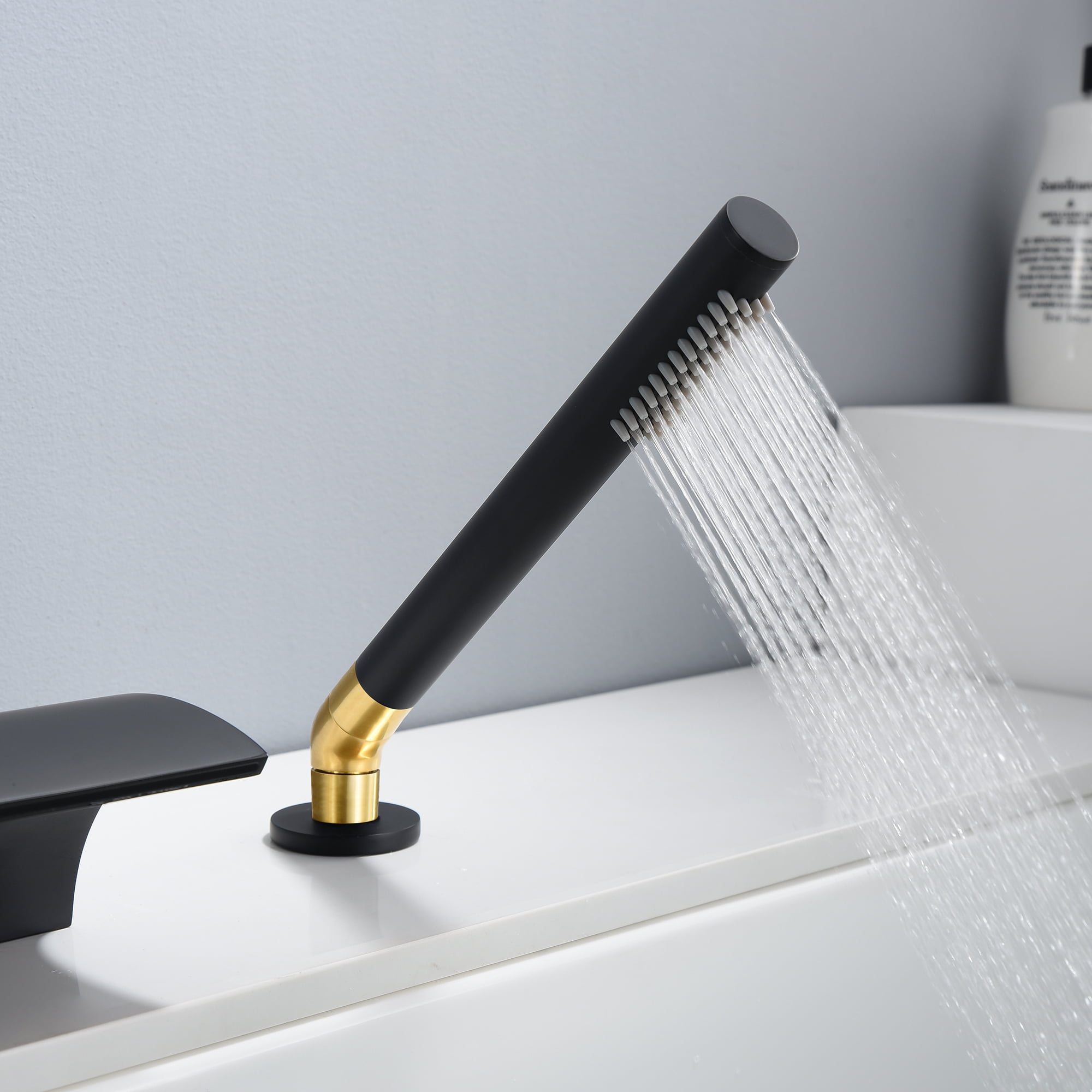 SUMERAIN Waterfall Roman Tub Faucet Deck Mount Bathtub Faucet Brass Tub Filler with Hand Shower, Black and Gold Finish