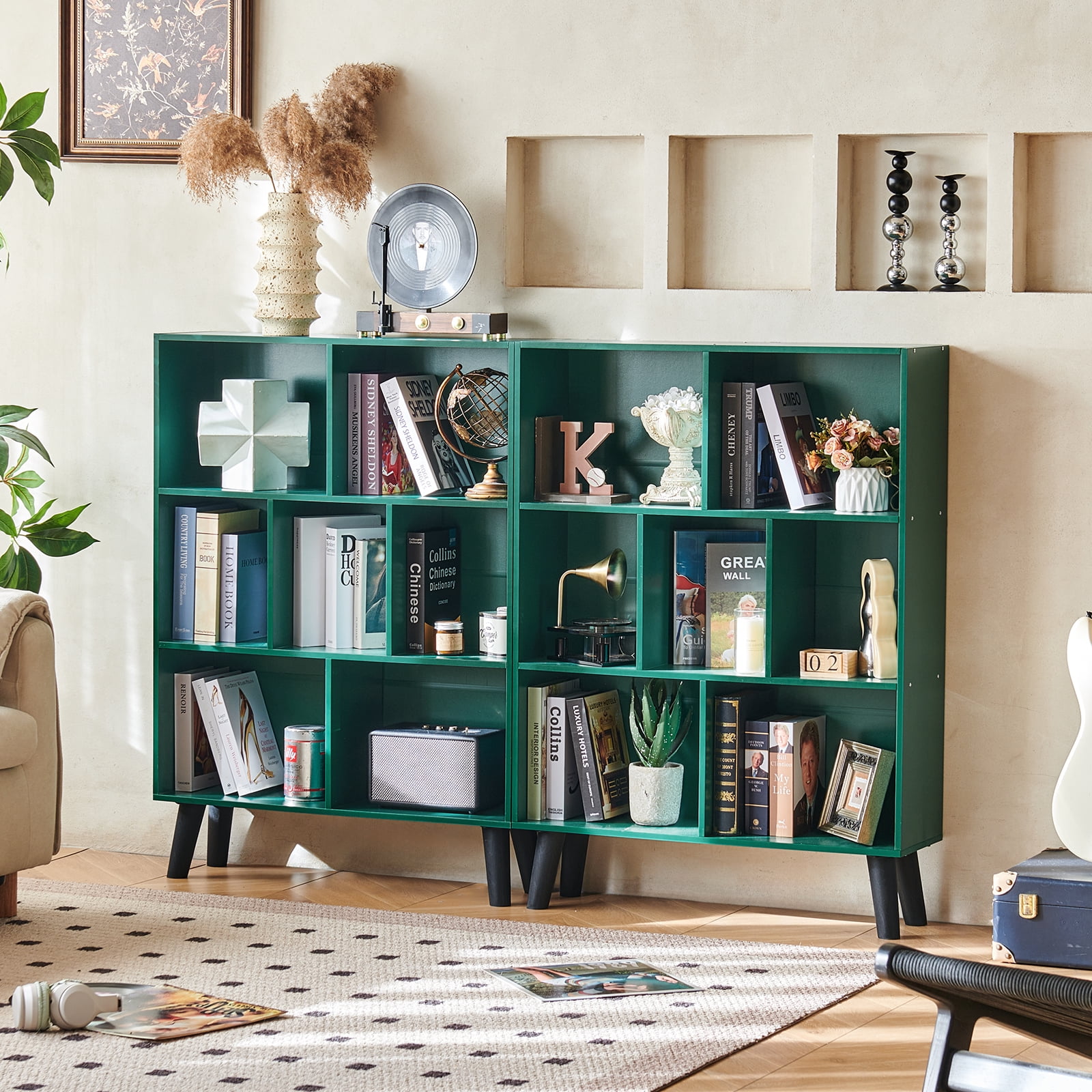 7-Cube 3-Tier Mid-Century Dark Green Bookcase with Legs, Retro Wood Storage Organizer, Freestanding Open Shelves for Bedroom, Living Room, Office