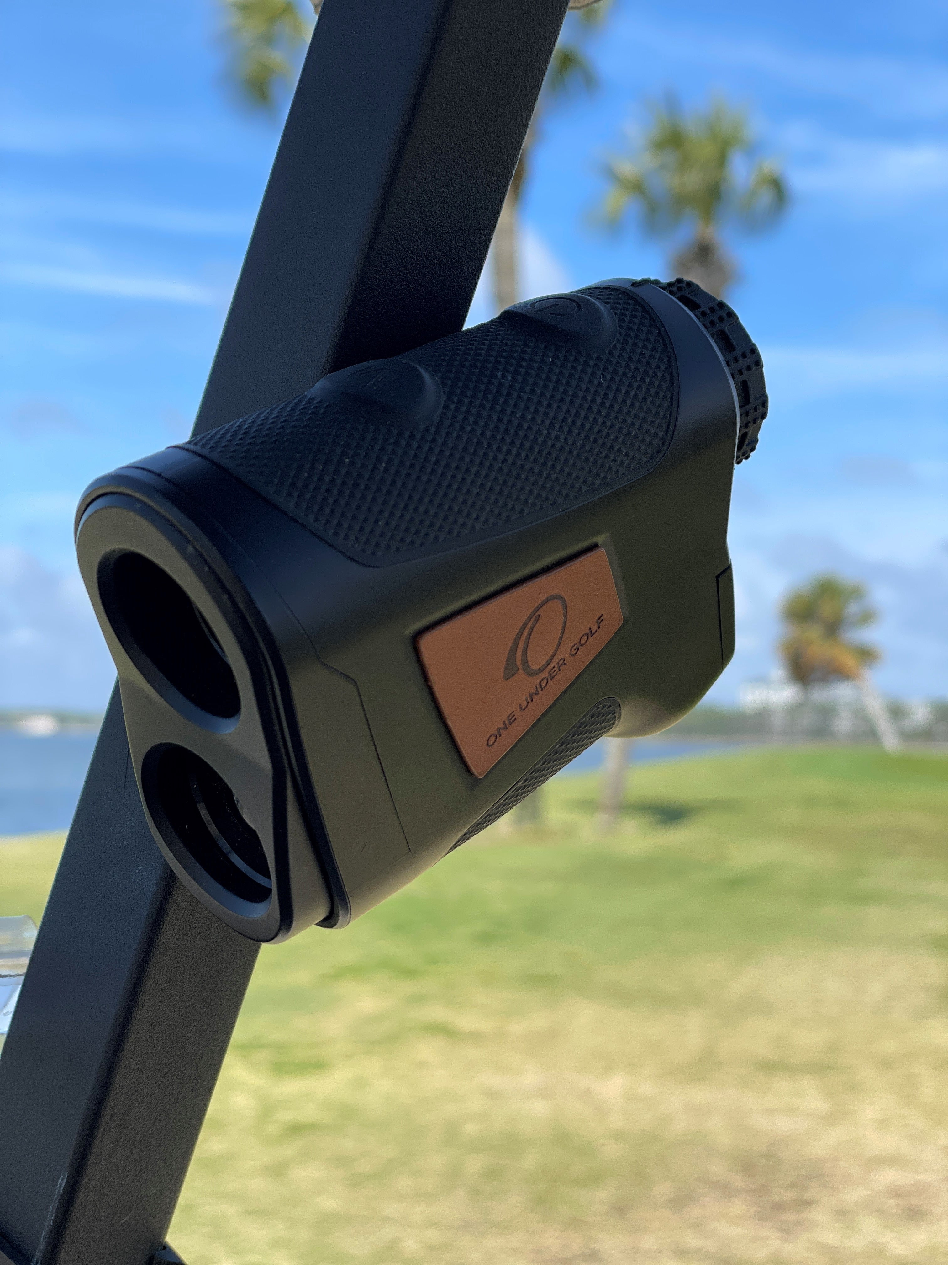 Golf Rangefinder by One Under Golf- Sleek Design with Built In Magnet Locks on Cart Rail, Slope Compensation ON/Off, Jolt Vibration + Flag Lock Technology, 6X Magnification up to 800yds (Black)