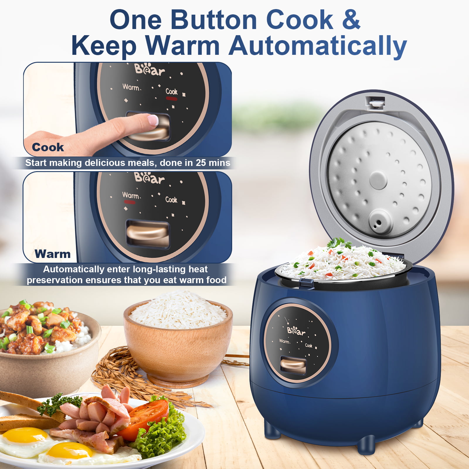 BEAR Rice Cooker 2 Cups Uncooked(4Cups Cooked), Small Rice Cooker Steamer  with Removable Nonstick Pot, One Touch&Keep Warm Function, Mini Rice Cooker