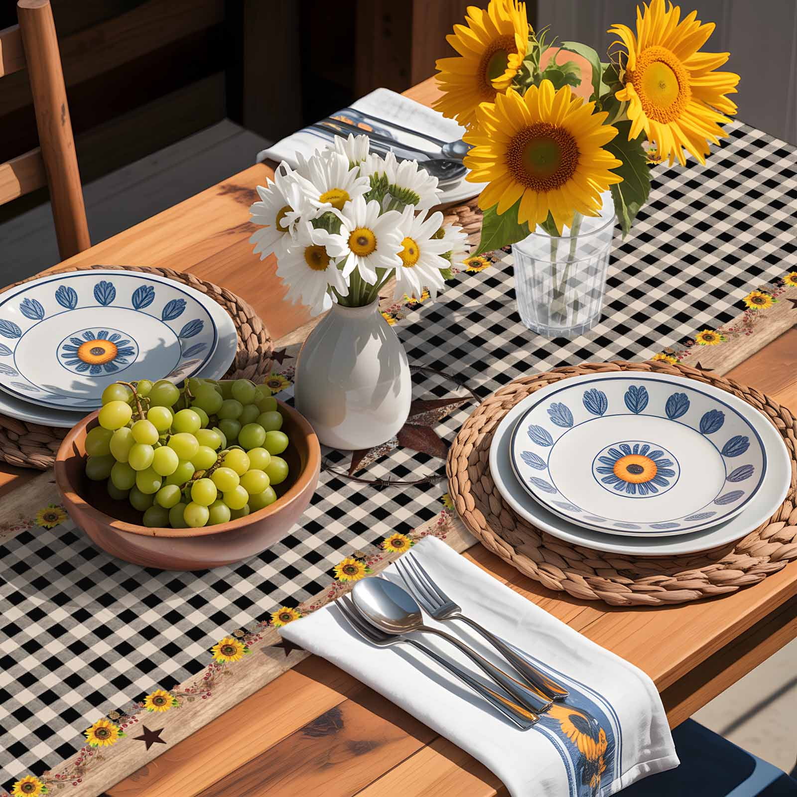 Farm Star Sunflower Wood Grain Table Runner 90 Inches Long, Black Buffalo Plaid Table Runners Tabletop Scarf Kitchen Dining Tables Decoration for Home Party Indoor Outdoor