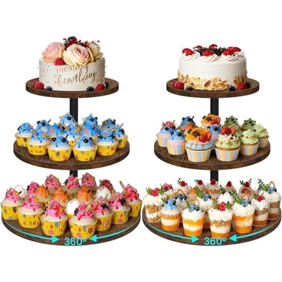 3 Tier Cupcake Stand for 50 Cupcakes, Rotating Wooden Cake Stand, Rustic Dessert Display Tower with Tiered Trays, Round Cupcake Holder for Wedding Birthday Baby Shower Tea Party, 2 Pack