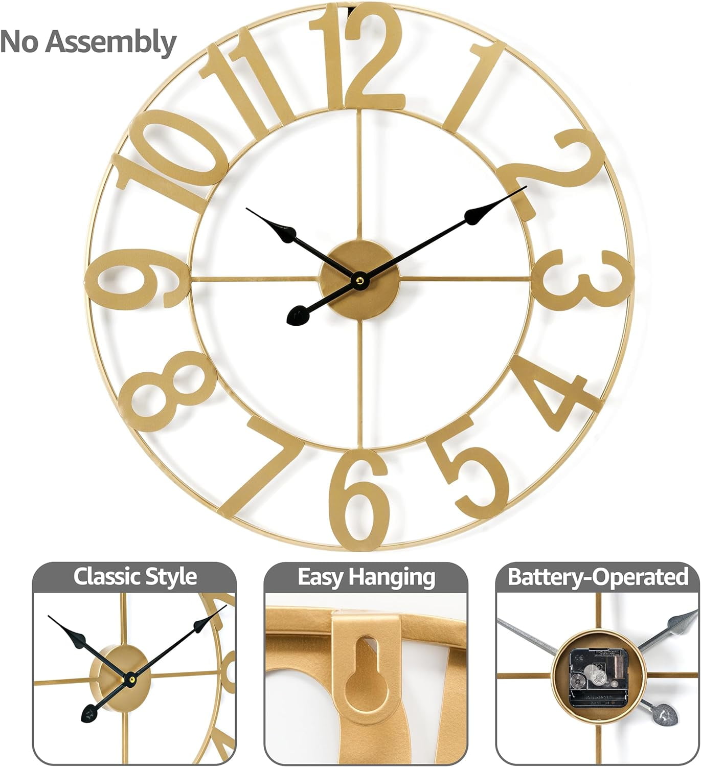 Sorbus Large Metal Numerical Wall Clock for Living Room Decor (Gold, 24" Diameter)
