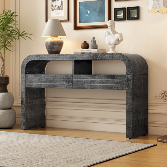 Prehome 52" Retro Console Table for Entryway, Curved Narrow Sofa Table with 2 Drawers & Open Shelf, Antique Black Hallway Table for Living Room & Foyer