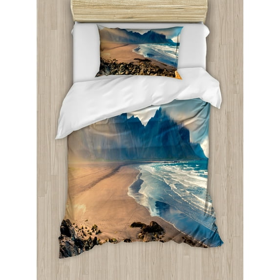 Iceland Duvet Cover Set Twin Size, Stokksnes Headland on Southeastern Coastal, Decorative 2 Piece Bedding Set with 1 Pillow Sham, Multicolor, by Ambesonne