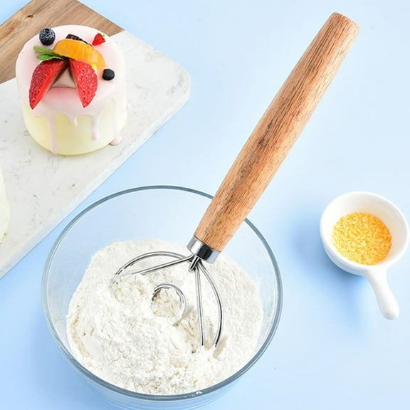 opvise Dough Mixer Stainless Steel Dough Whisk with Wooden Handle Easy-to-clean Bread Whisk for Home Kitchen 10Inch