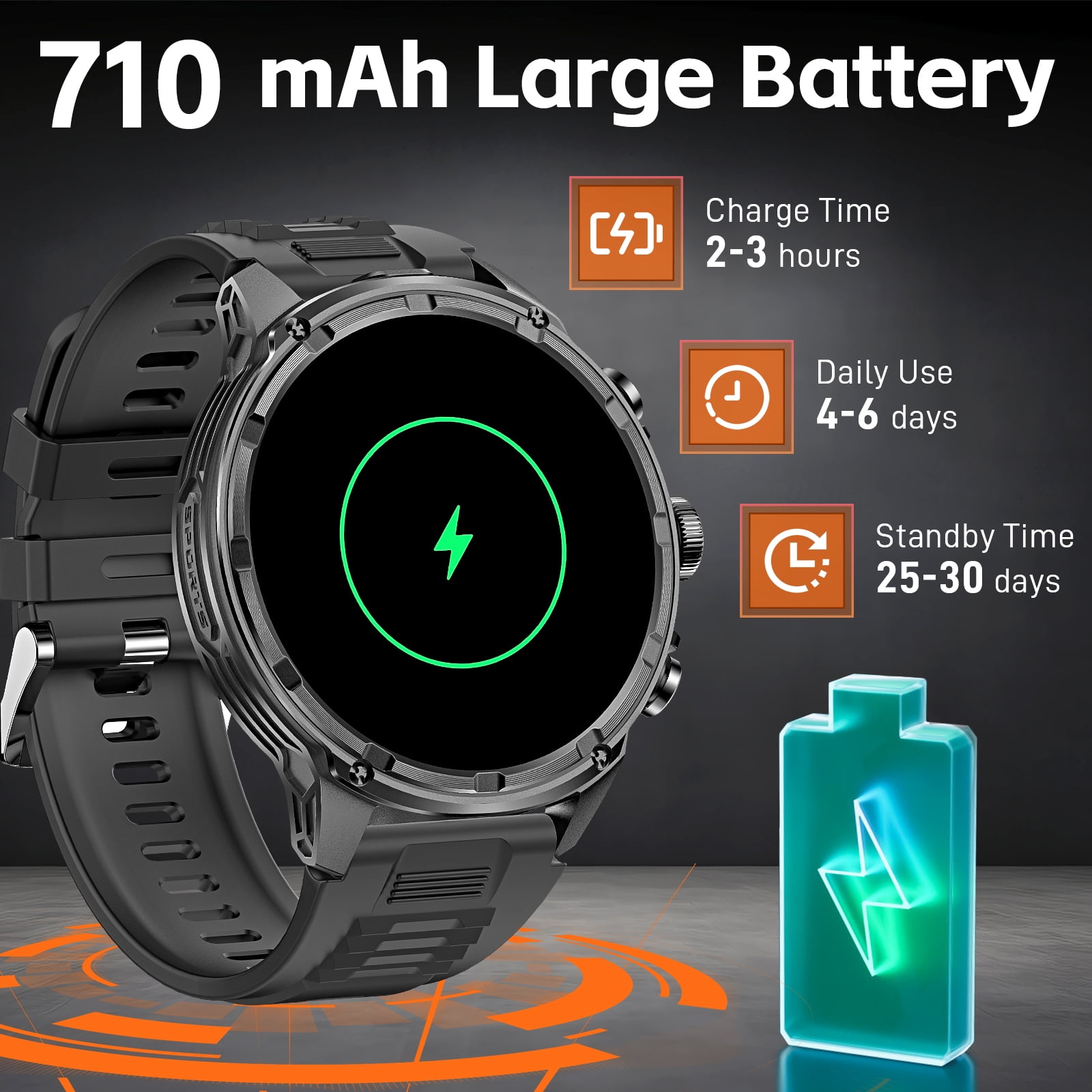 Cyberdyer Men's Smart Watch with Flashlight, 1.85" HD Screen, 100+ Sports Modes, IP67 Waterproof, 40-Day Standby, Compatible with iPhone & Android, Holiday Gift