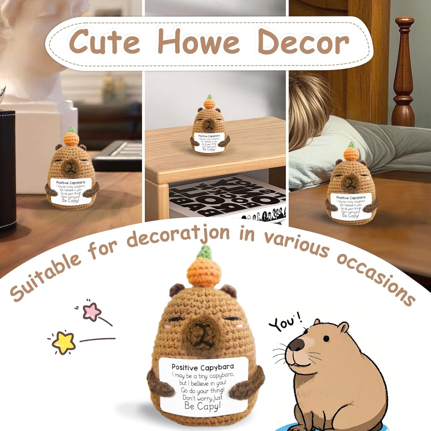 Positive Crochet Capybara Inspirational Gifts, Handmade Capybara Plush Emotional Uplifting Support Animals Decor, Cute Birthday Gifts for Women Men Coworker