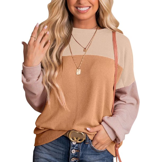 Dokotoo Moda para mujer 2023 Bloque de color Manga larga Cuello redondo Jersey de punto Sudadera Tops