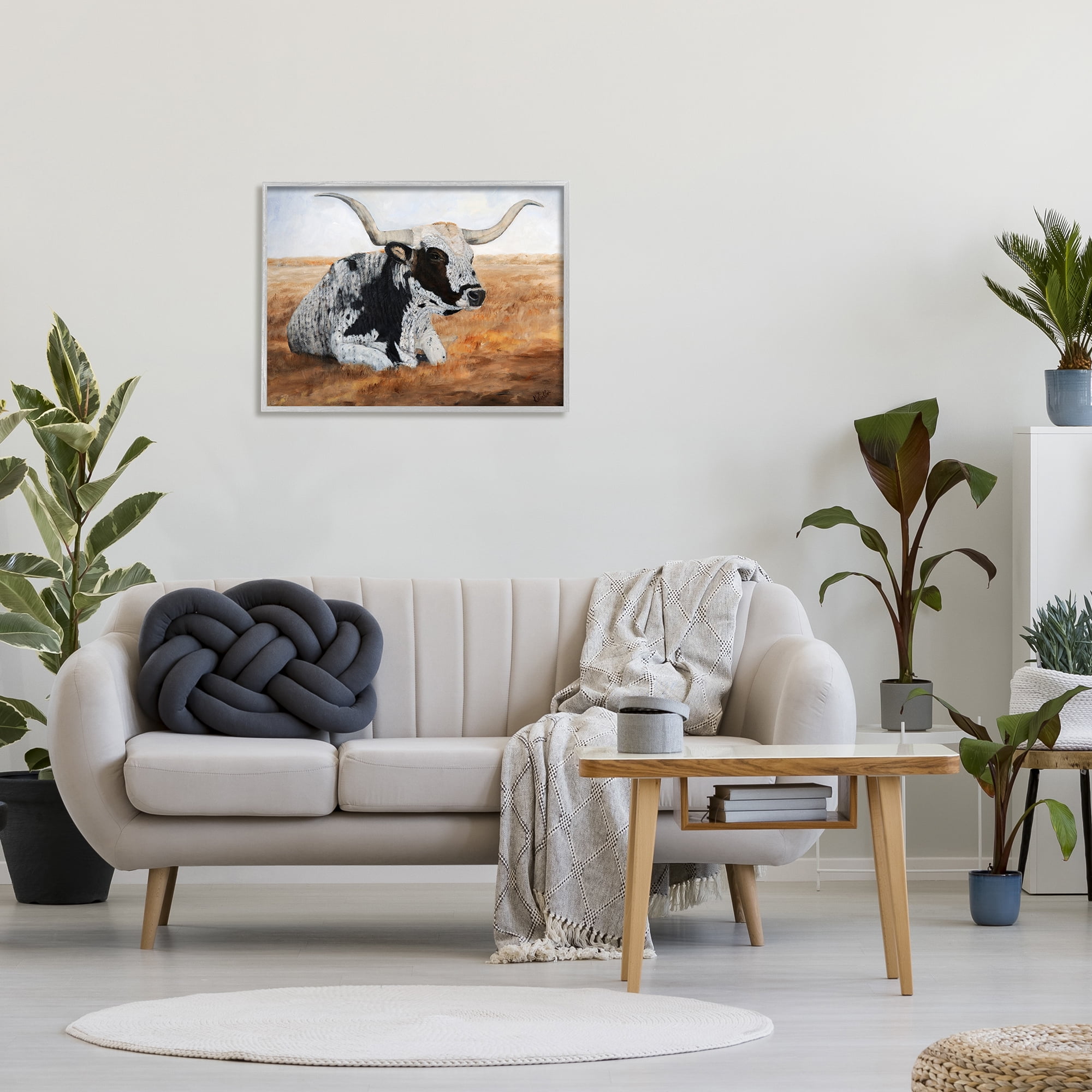 Stupell Longhorn Cattle Prairie Portrait Animals & Insects Painting Gray Framed Art Print Wall Art