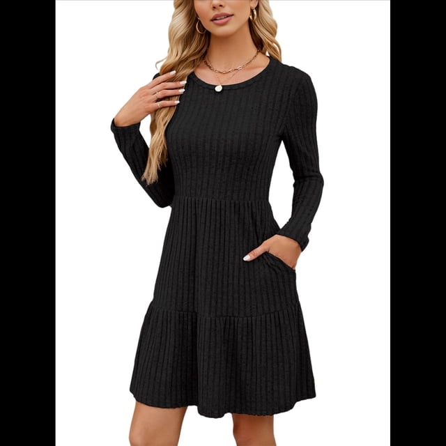 Vestido Corto Informal de Otoño de Larga para Mujer, de Punto Acanalado, Cuello Redondo, Fluido, Corte A, con Bolsillos Negro M
