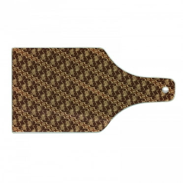 Brown Cutting Board, Batik Parang Barong Diagonal Pattern Indonesian Culture and Art Design, Tempered Glass Cutting and Serving Board, Wine Bottle Shape, Brown Apricot Caramel, by Ambesonne
