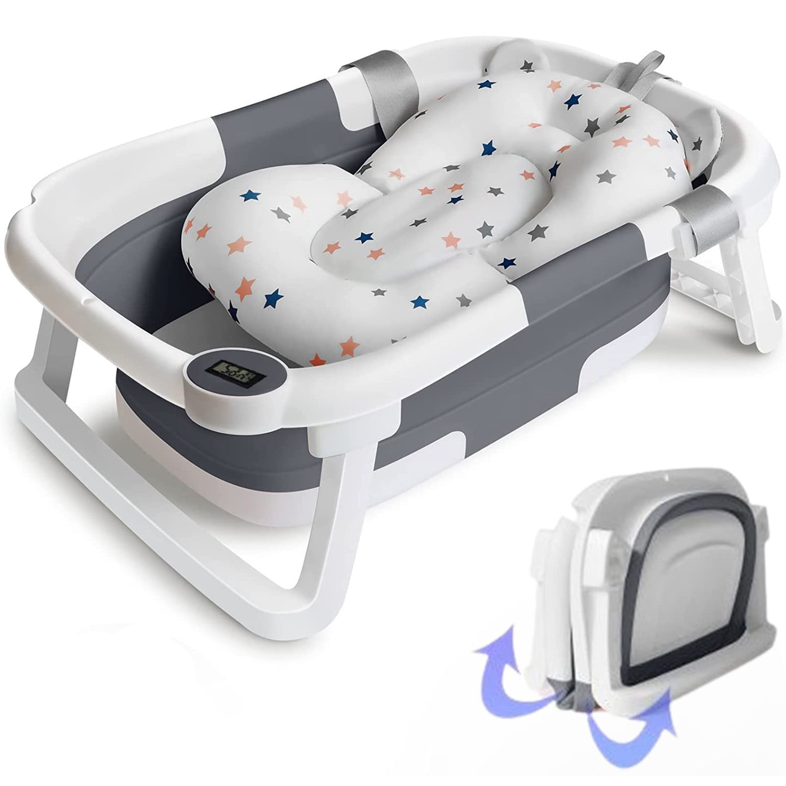 TOPCHANCES Collapsible Baby Bathtub with Thermometer, Newborn Baby Shower Tub with Baby Tub Cushion & Bath Net, Portable Baby Folding Bathtub for 0-12 Month Newborn, Grey