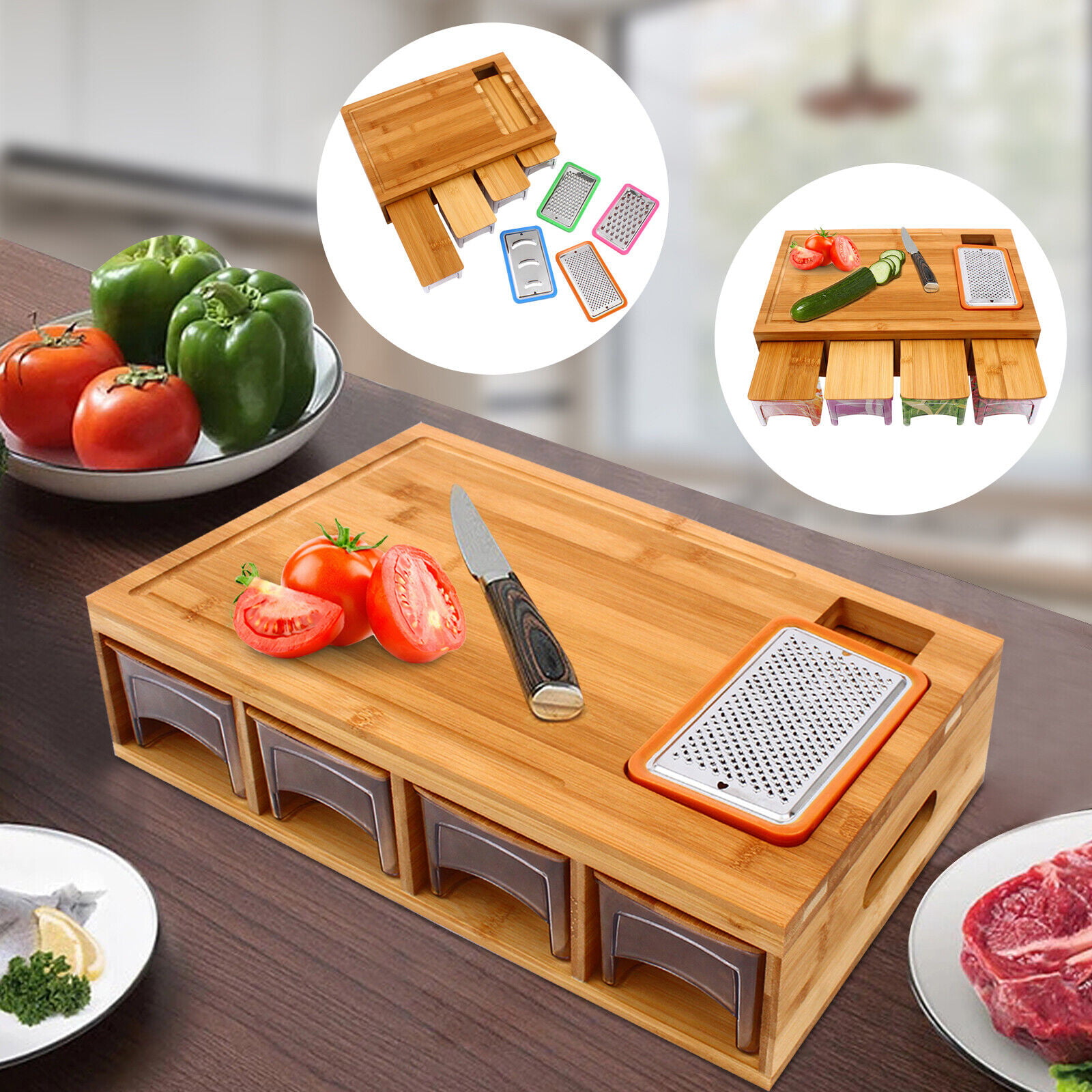Potted Pans Meal Prep Station Food Chopping Board Set - 4 in 1 Bamboo  Cutting Board with Containers, Lids, and Graters - Yahoo Shopping
