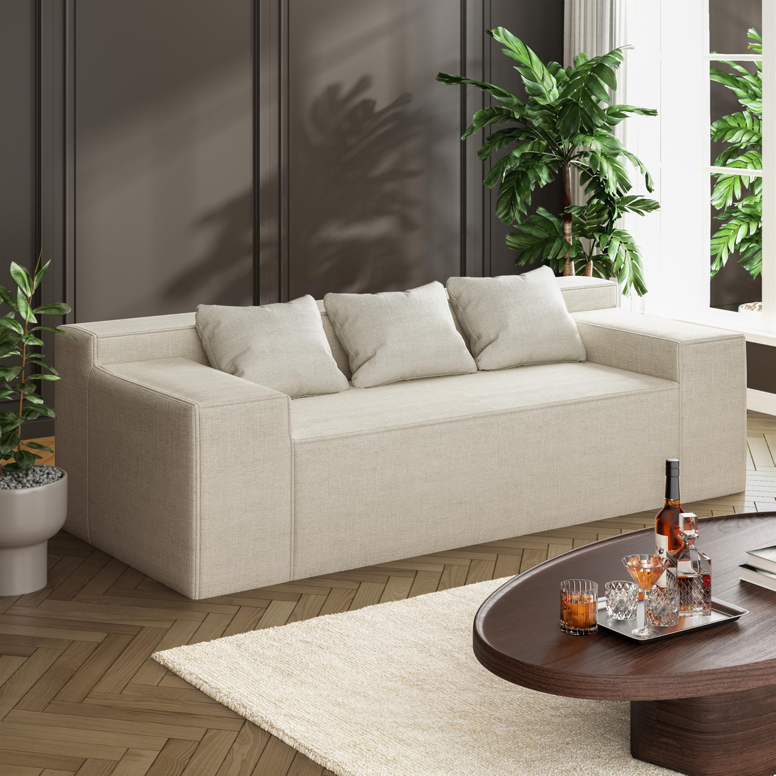 Modern 3-Seater Sofa, Hybrid Sofa in a Box, No Assembly Required, Comfy Sofa Couch with 3 Matching Pillows, Couch for Living Room or Bedroom, Beige