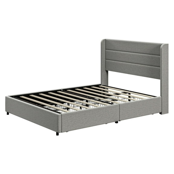 Full Bed Frame with Storage, Light Gray - Full Size Platform Bed with Headboard, Wood Slats, Noise-Free, 4 Drawers