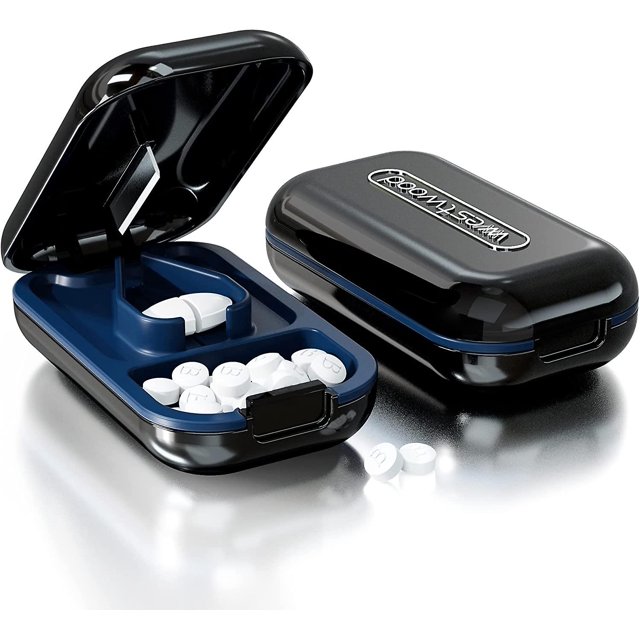 Cortador de pastillas, divisor con dispensador para pastillas pequeñas o grandes, hoja de acero inoxidable, tamaño de viaje para bolsillo de cartera