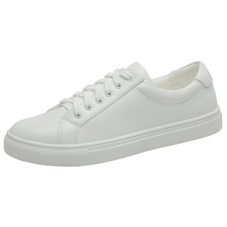 

Woman Fashion Pure White Sneakers Casual Lace up Flat Shoes Low Top for Female 8.5