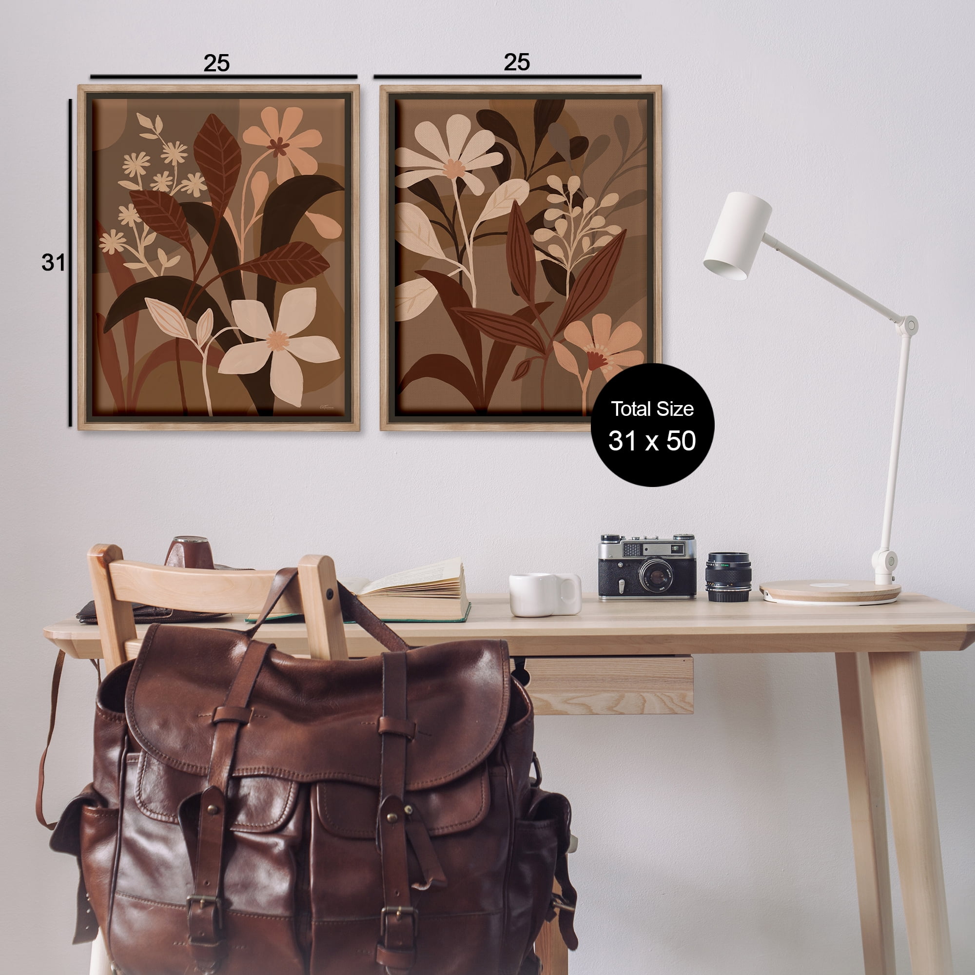 Stupell Industries Modern Boho Flower Bundle Floral & Botanical Painting Brown Floater Framed Canvas Art Print Wall Art, 31 x 25, Set of 2