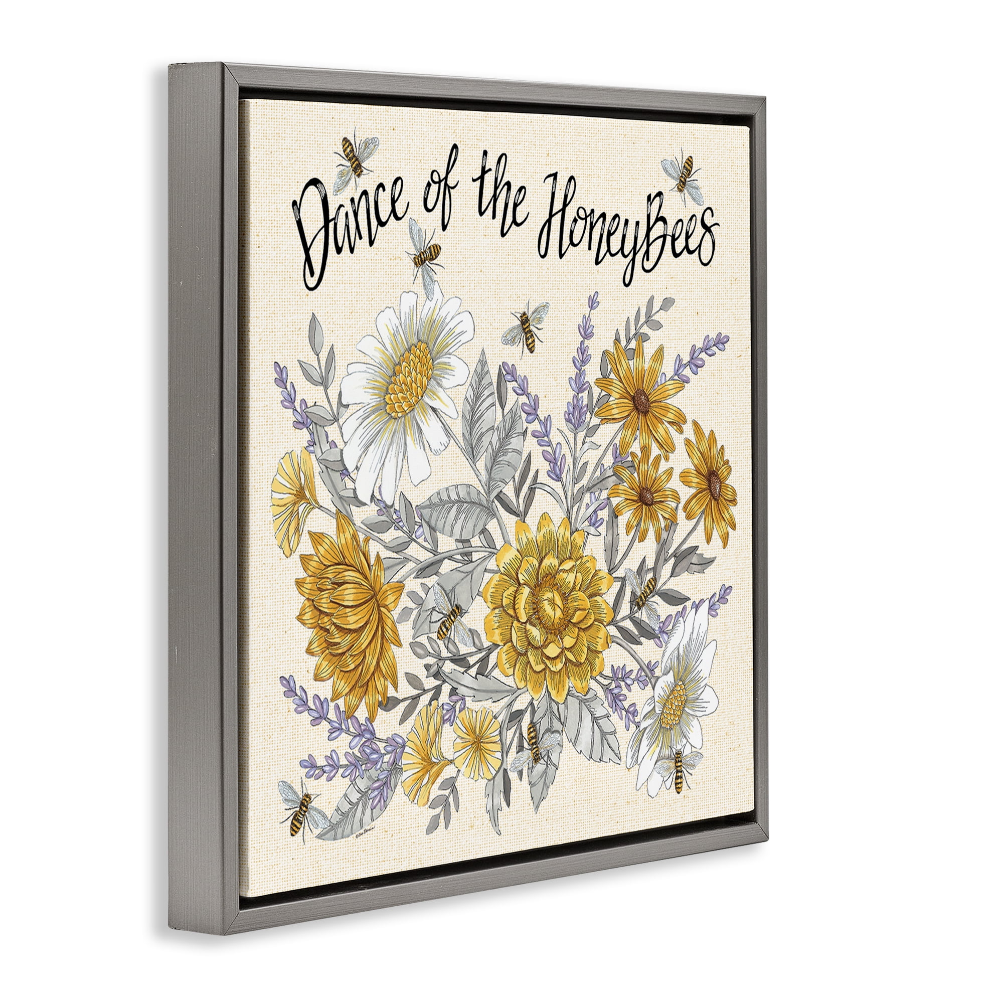Stupell Industries Dance of Honeybees Plants & Flowers Painting Gray Floater Framed Canvas Art Print Wall Art, 25 x 25