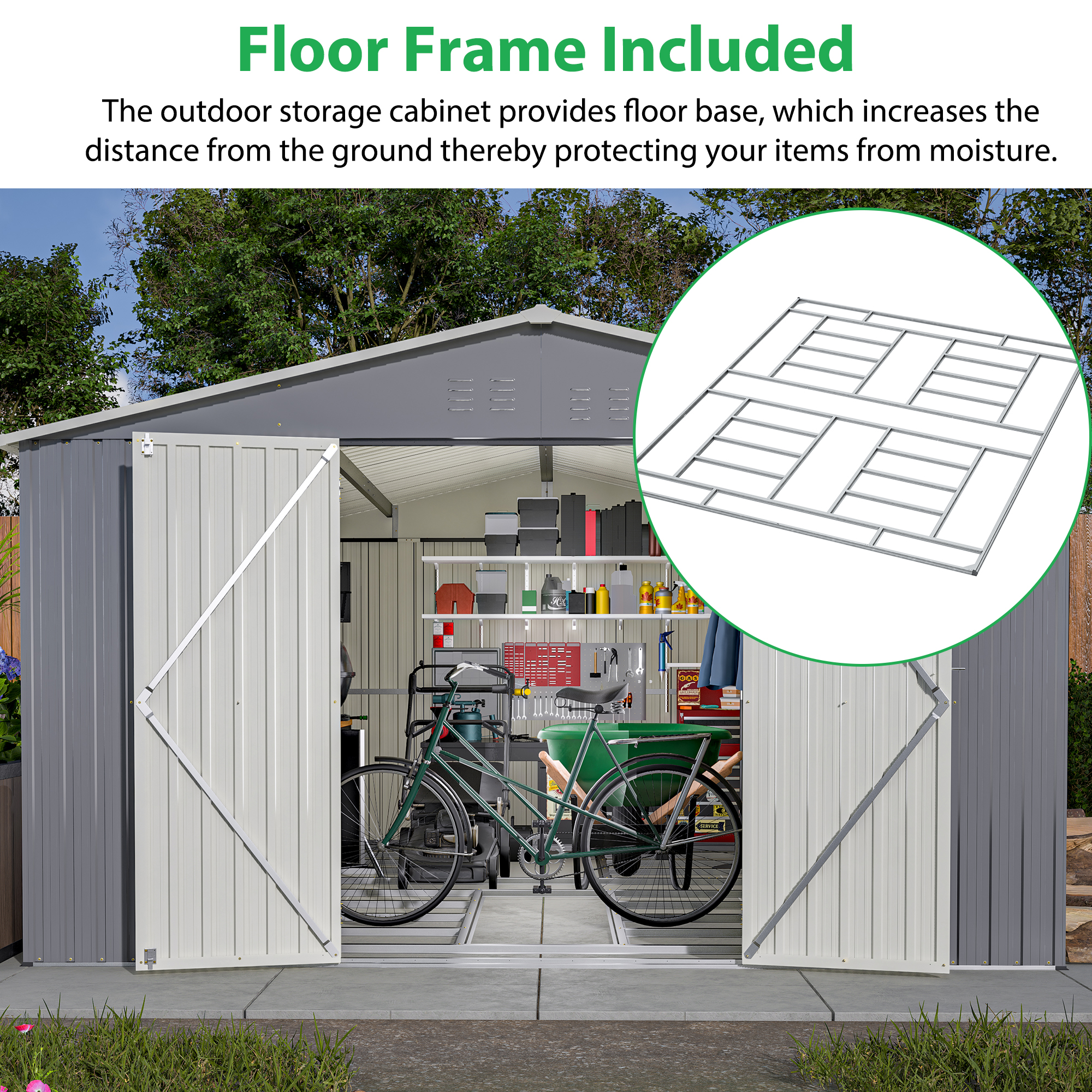 LZBEITEM 11 x 13 ft. Outdoor Metal Storage Shed with Floor Frame Kit, Galvanized Steel Garden Shed, Metal Garden Tool Shed with Lockable for Backyard Patio, Gray, 133.68 x 161.4 x 80.76 in，140.5 sq ft - image 5 of 13