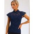 thumbnail image 2 of Blusa Semitransparente Con Cuello Alto Y Manga Corta Con Abertura En La Espalda Y Encaje Para Mujer Azul Marino S, 2 of 6