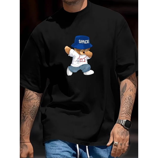 Playful And Quirky Bear Printed, Men's Casual Trendy Fashion Crew Neck T-shirt For Summer And Spring